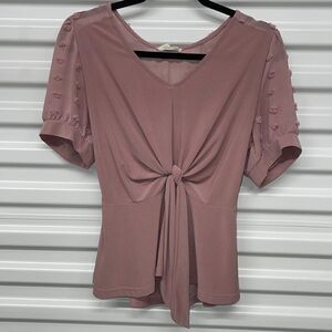 Rose FLOWER N Feather Tie Front Sheer Back Short Sleeve VNeck M Good Condition